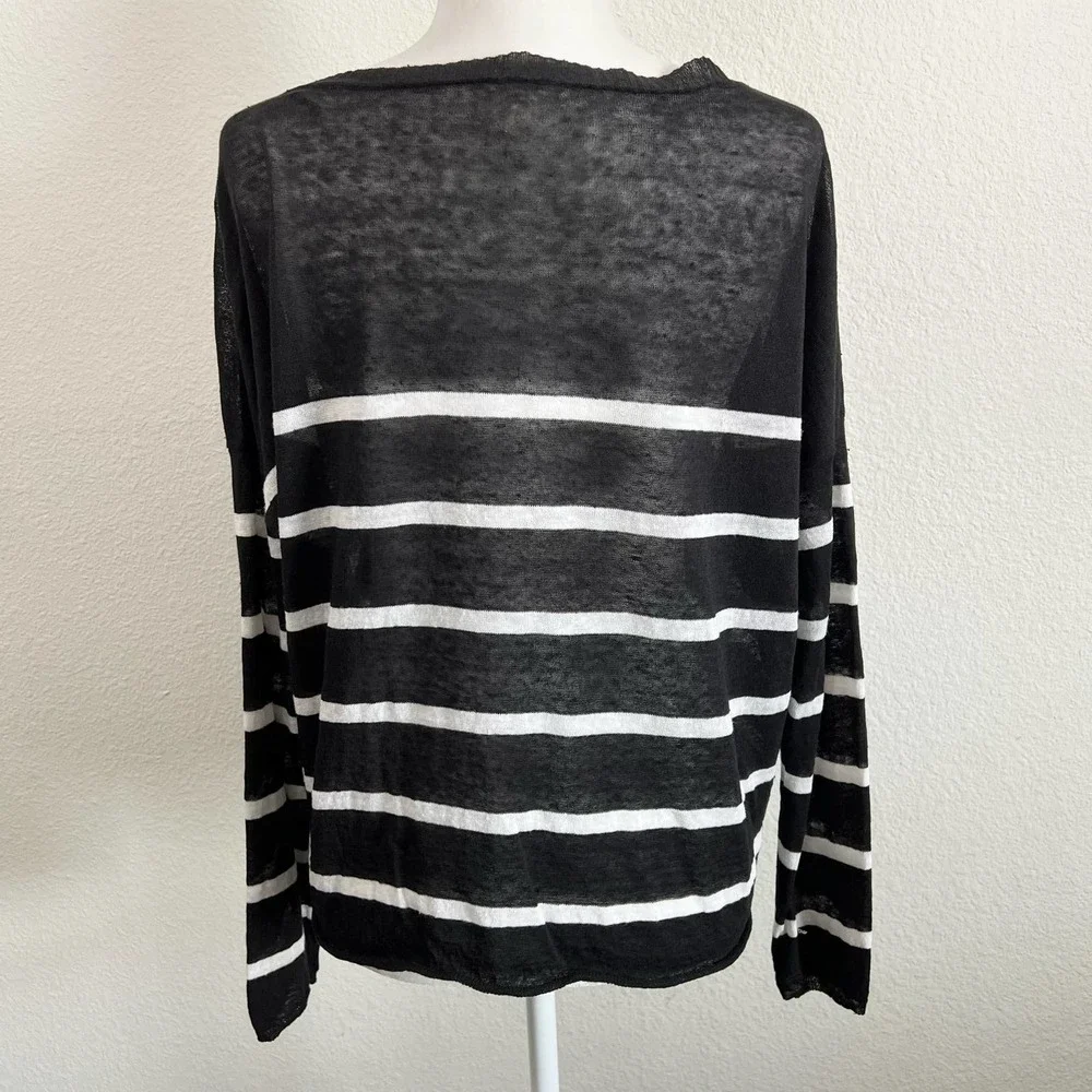 Eileen Fisher Black White Stripe Open Knit Linen Blend Relaxed Slouchy Sweater L - Picture 3 of 6